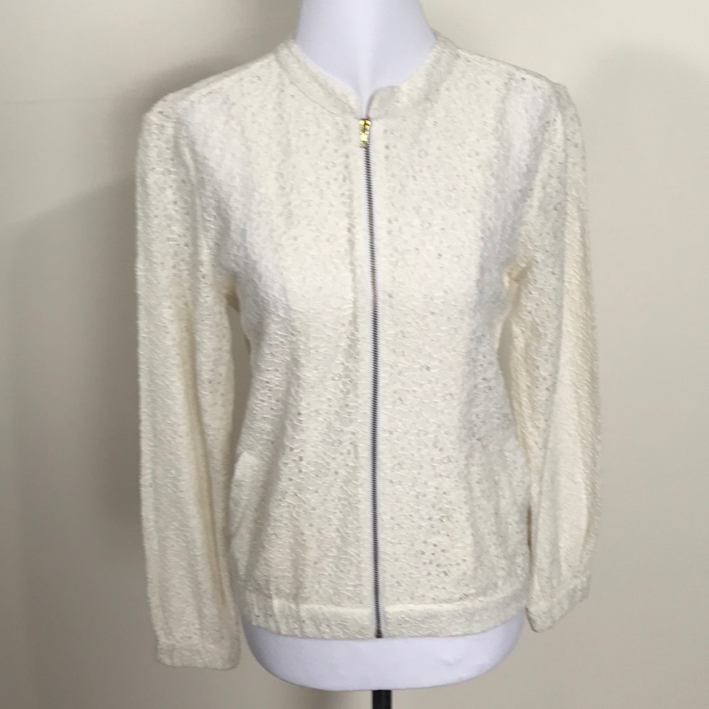 Ivory Cotton Eyelet Full Zip Jacket- Sm
